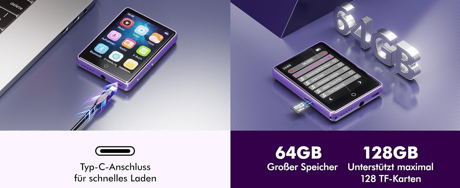 MP3 плеєр дитячий 64GB Bluetooth 5.3 з радіо, радіоприймач, MP4 плеєр, дитячий музичний плеєр з touch screen, розширюється до 128GB, фіолетовий