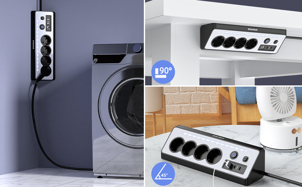 Мережевий адаптер з USB та 2 Type-C, 4 розетки, 16A, 3680W, з вимикачами, захист від перенапруги, LED, для кухні/офісу, білий/чорний