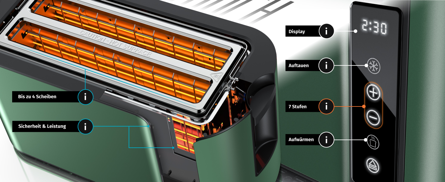 Тостер Arendo з нержавіючої сталі, 4 слоти, сенсорний екран, подвійні стінки, 1500 Вт, підставка для булочок, 7 рівнів підсмажування, центрування хліба, таймер, пам'ять, індикатор E: Green