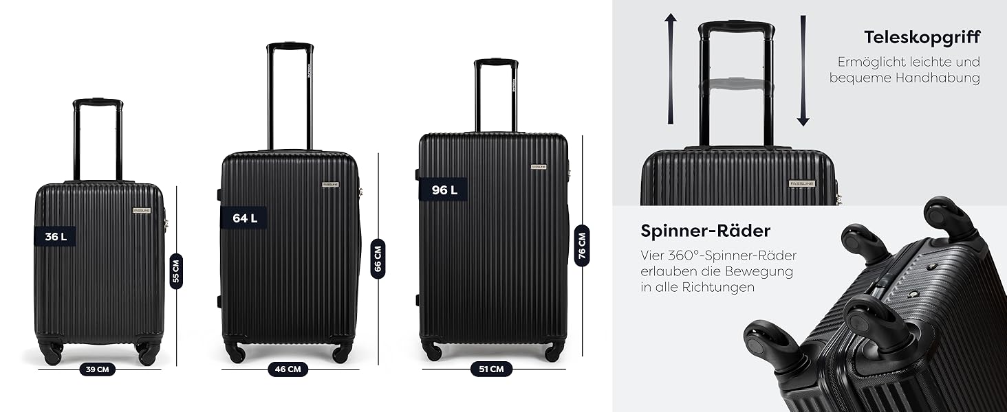 Набір валіз 3 шт: ручна поклажа, середній та великий кофр з ABS, чорний. Набір валіз з ABS, 3 шт.