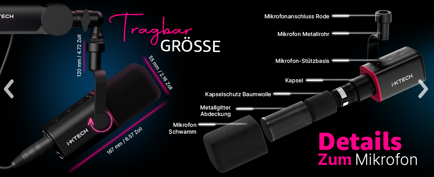 IXTECH Динамічний мікрофон з нирковою характеристикою RGB для студії, стримінгу та запису. USB/XLR, регулювання Gain, для подкастів та вокалу. Білий (M, Black)