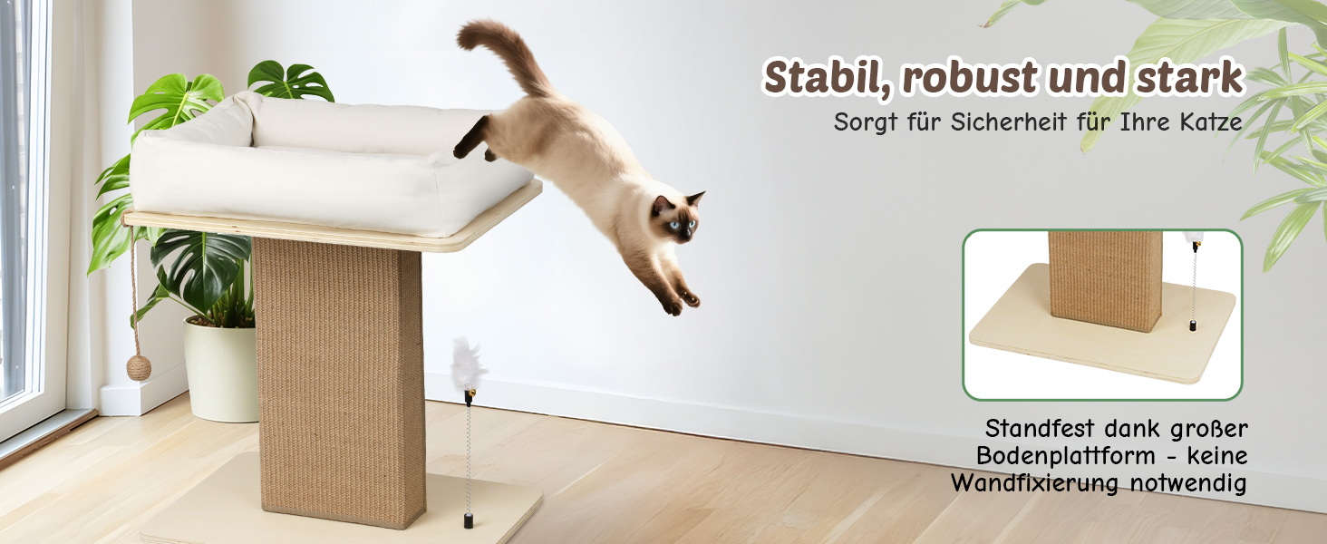 Котячий будиночок з дряпалкою Luxus: широка колона з берези, міцний, до 25 кг, сизаль, велике ліжко з подушкою з органічної льону, легко збирається, бежевий колір