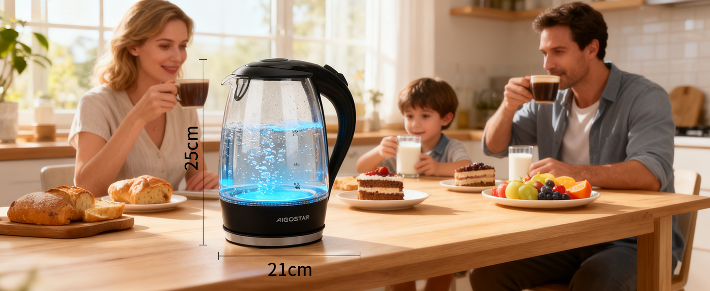 Електричний чайник Aigostar Adam, 1.7 л, 2200 Вт, LED, скло, без BPA, з фільтром від накипу, чорний