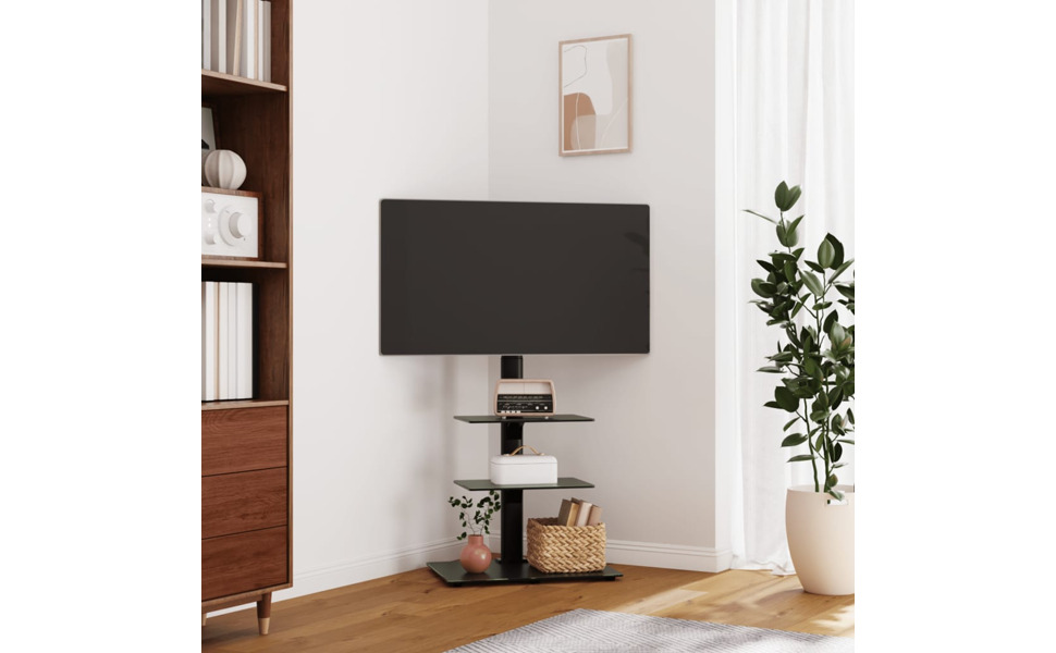 Тумба TV для телевізора 32-65 дюймів з 3 ящиками, поворотна, чорний сталь та скло