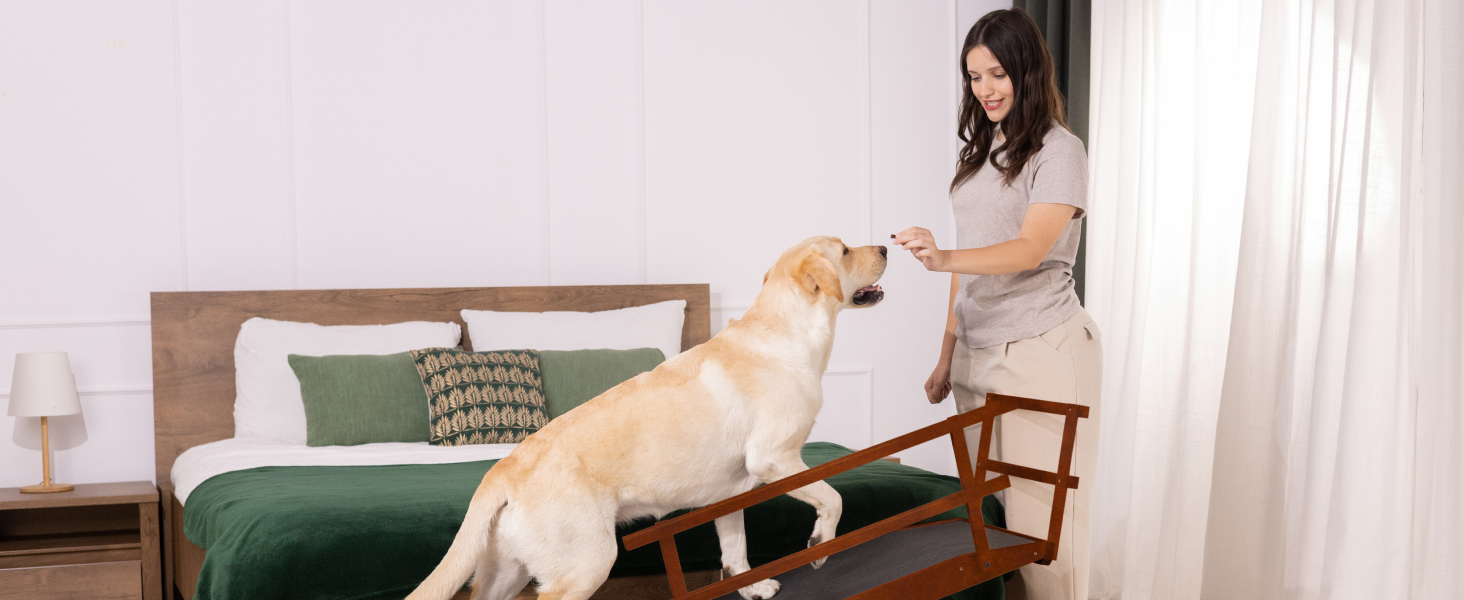 Східці для собак до ліжка з огорожею - для великих собак до 90 кг - регульована висота до 94.5 см - ширина 49.5 см - складаються - антиковзні ручки - з берези - колір натуральний (волоський горіх)