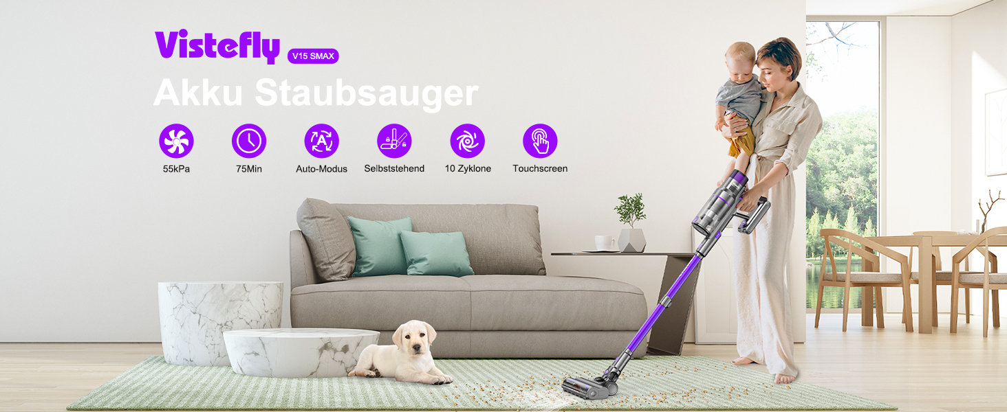 Бездротовий пилосос Vistefly V15s Max з акумулятором, 55000Pa, 75 хвилин роботи, 580W, сенсорний екран, 8 в 1, автоматичне розпізнавання пилу, для шерсті тварин, твердих поверхонь та килимів