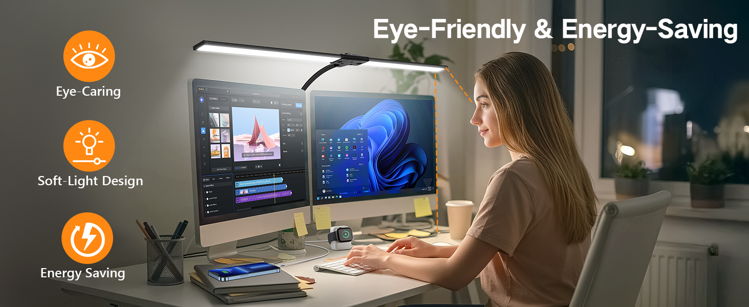 OUTON LED лампа настільна з двома головками, 85.5 см, USB-A & C, регульована яскравість 1600LM, 5 температур кольору, таймер, кріплення, для офісу та дому, чорний