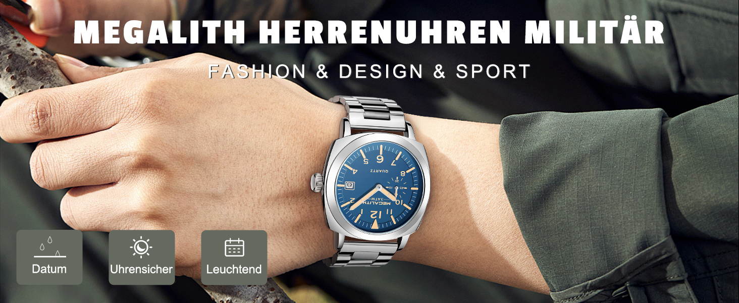 MEGALITH Годинник чоловічий Military, спортивний, Outdoor, водонепроникний з шкіряним ремінцем, сталевий корпус, велике циферблат, свідовий календар, аналоговий кварцовий годинник для чоловіків, дизайн (A-1 Срібло/Блакитний)