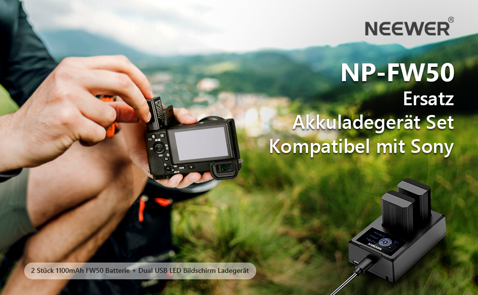 NEEWER Запасний акумулятор та зарядний пристрій для Canon EOS R7, R5, R6, 5D III, IV, 6D II, 7D II, 70D, 80D, 90D (2 x 2250mAh, Dual USB, LCD, USB-C)