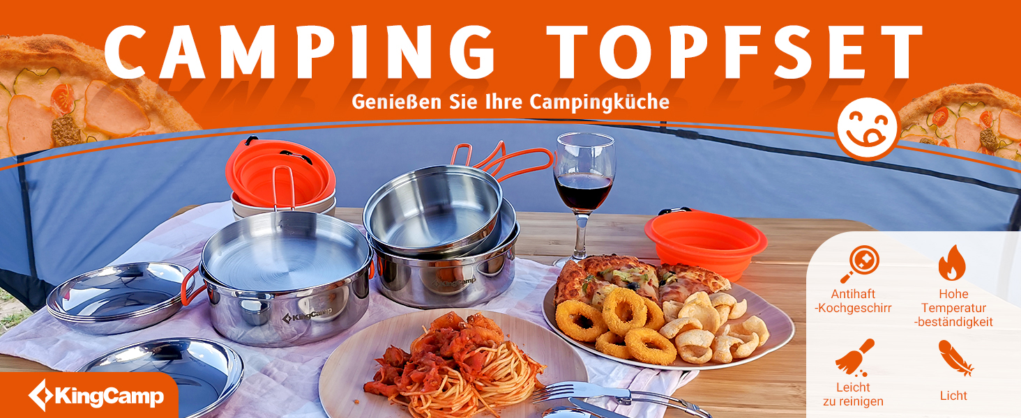 Набір посуду для кемпінгу KingCamp на 2-4 особи: нержавіюча сталь, складаний посуд, легко важить, набір каструль та сковороди для кемпінгу, 2 каструлі + 1 сковорода + столові прибори