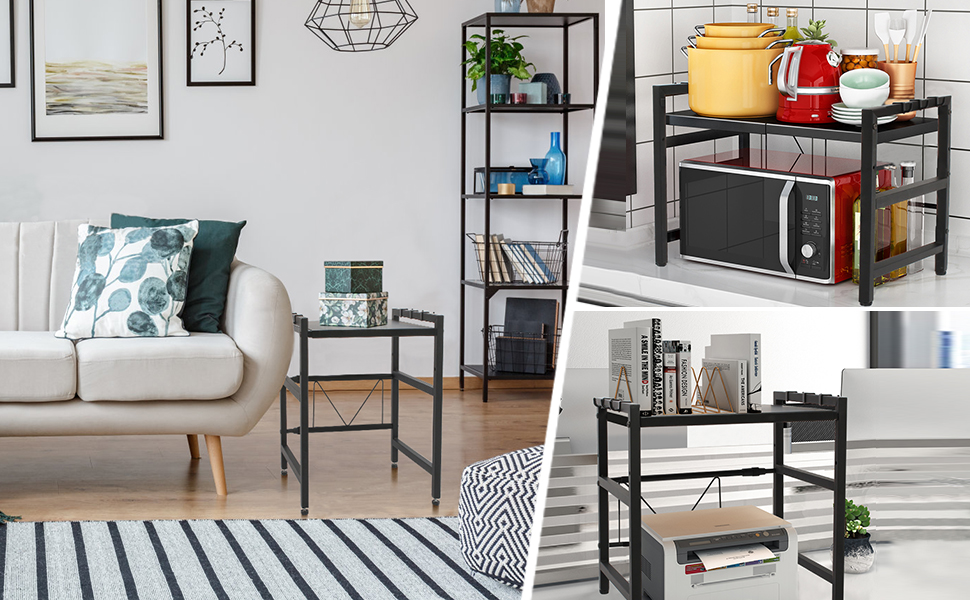 Підставка для мікрохвильової печі Todeco, 2-ярусна, чорна, з 6 гачками, регульована (36-60) x 36 x 44 см, до 25 кг