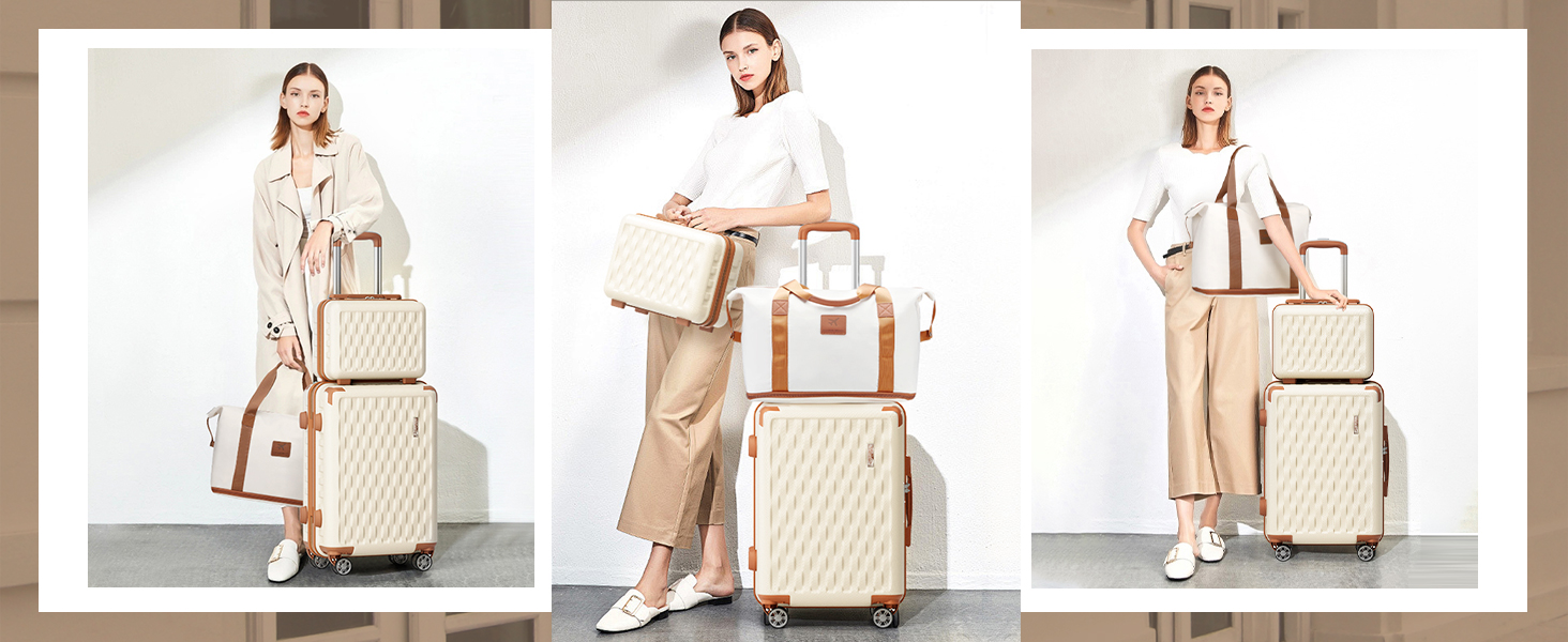 Набір валіз Melalenia 7 предметів з жорстким корпусом, легкий, на 4 колесах з TSA-замком. Включає косметичку, сумку для подорожей та кулькову косметичку (білий, 53 см, ручна поклажа 4 предм.)