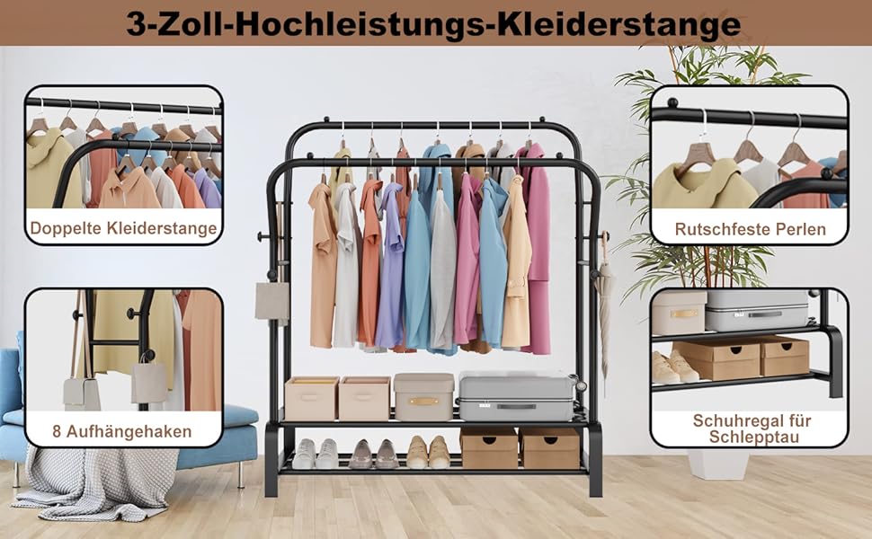 Вішалка для одягу металева подвійна Stabil з 8 гачками та 2 полицями для взуття, чорна – функціональна стійка для спальні