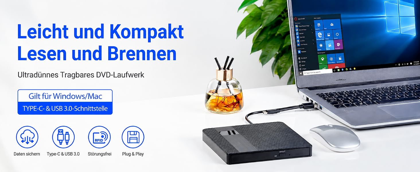 Зовнішній USB 3.0 Type-C CD/DVD привід-записувач (DVD +/-RW), портативний для ноутбука, ПК та Mac (Windows, Linux, macOS), чорний