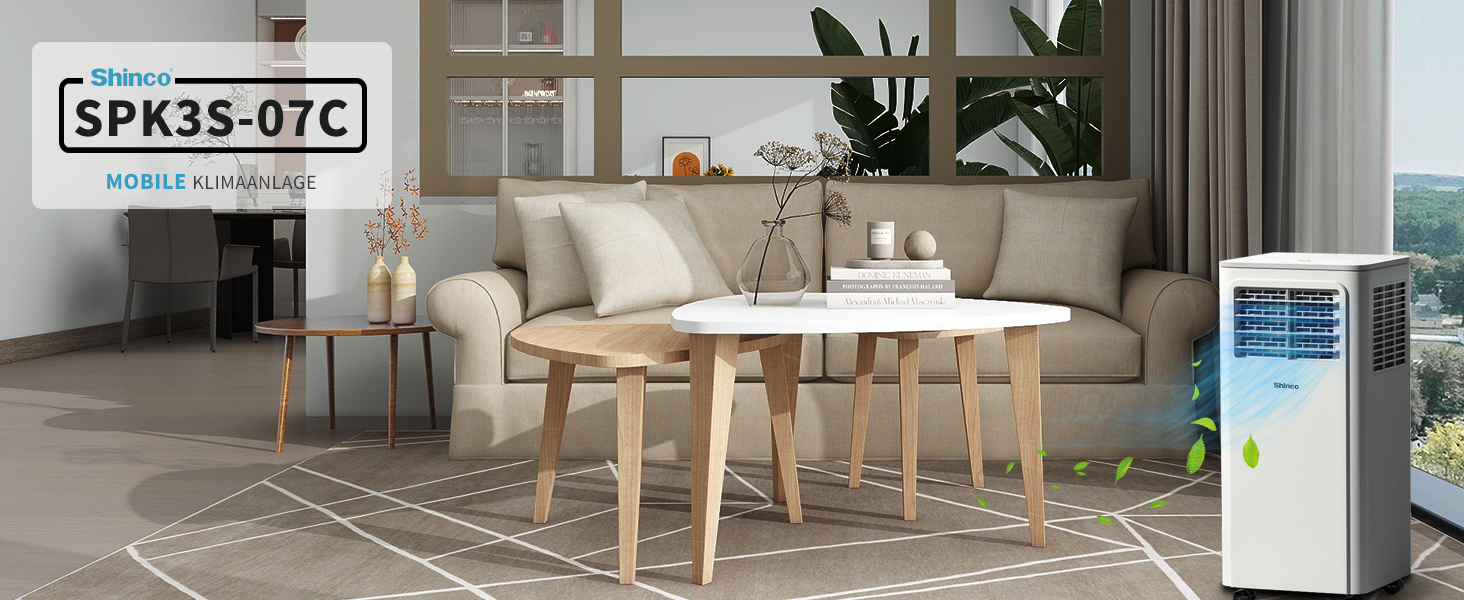 Мобільний кондиціонер SHINCO 3,5kW з випускним шлангом, охолодження/вентиляція/зневожування, для приміщень до 90 м³, білий (7000BTU-M)