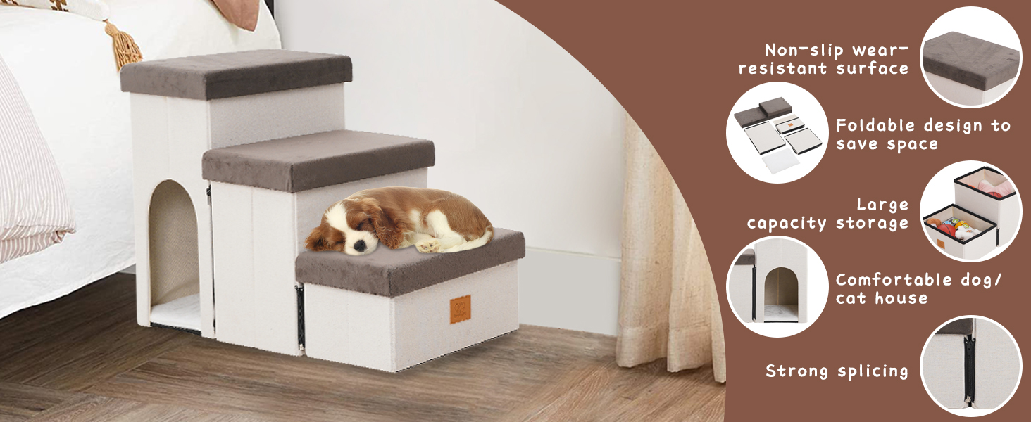 Сходинки для собак на 3 сходинки, 44 см, з місцем для зберігання, для ліжка/софи, для котів, для літніх тварин, губка, хатня тварина, бежевий колір