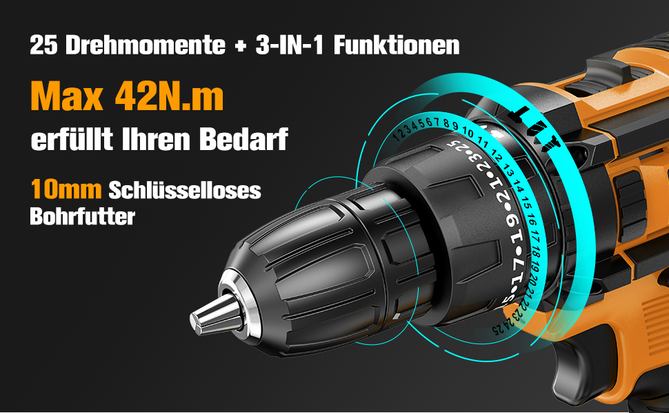 Акумуляторний шуруповерт AKZWOXRO 21V з 2 акумуляторами 2.0Ah, 42Nm, 2 швидкості, 25+3 ступені крутного моменту, патрон 10мм, LED ліхтик, 30-ти елементний набір для дому та саду, DIY проєкти