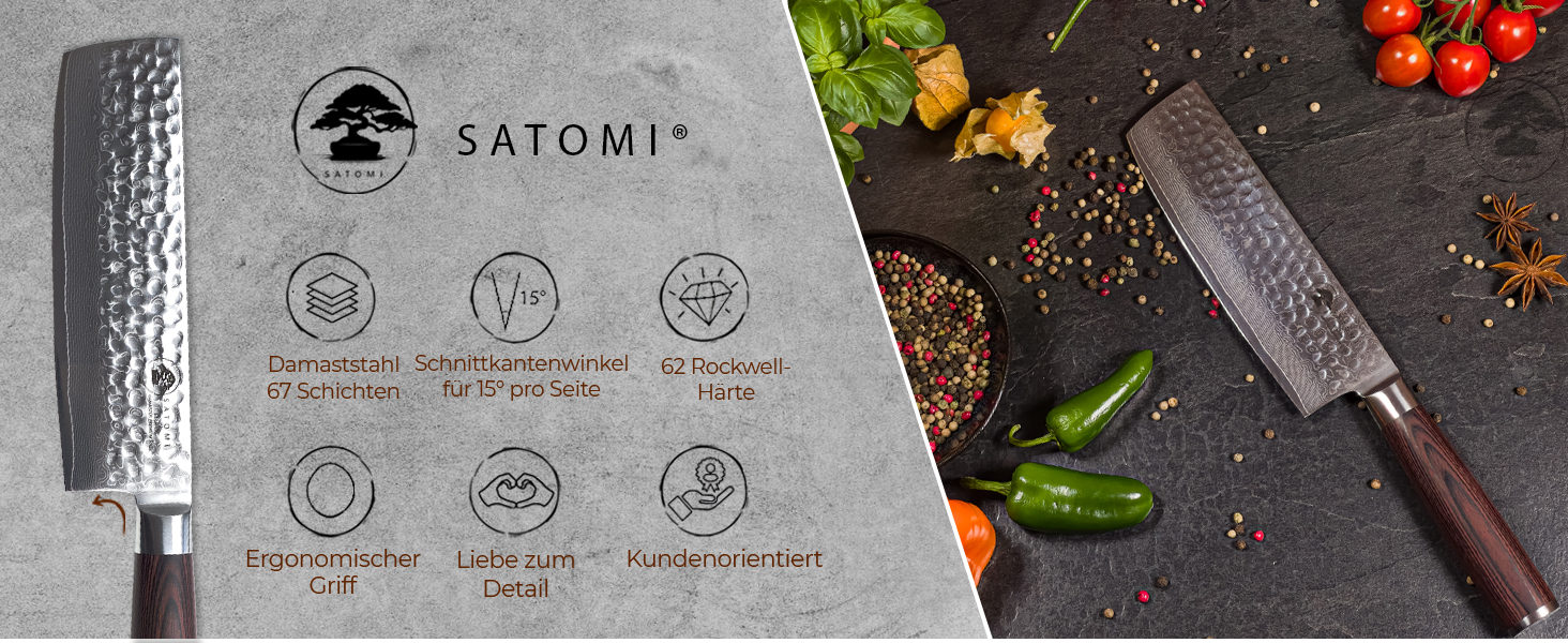 Японський ніж Nakiri Satomi® з 18 см лезом з 67 шарів дамаської сталі, традиційний стиль, професійний кухонний ніж для шеф-кухаря з ручкою з паккавуда