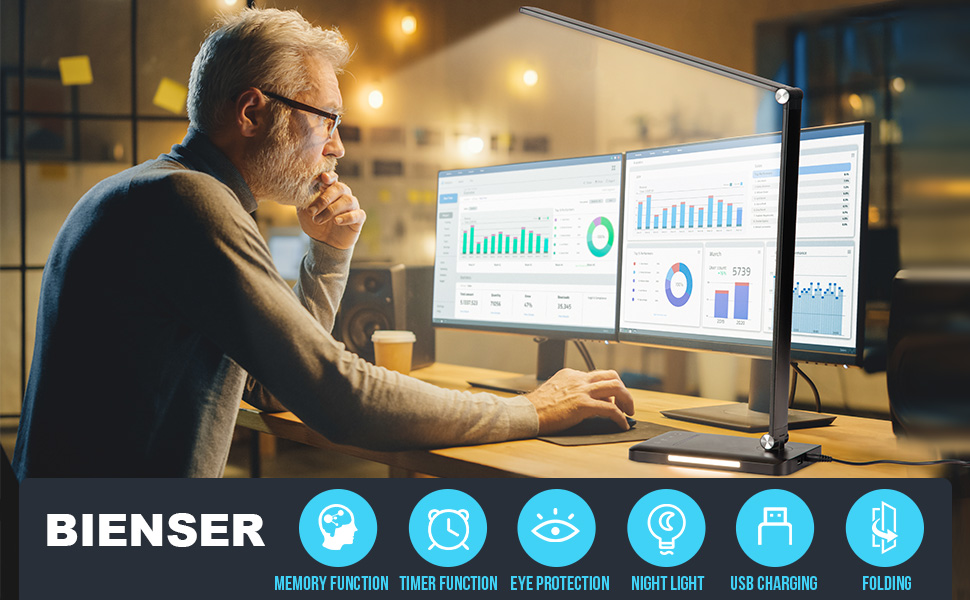 Лампа настільна LED BIENSER, 560LM, 5 кольорів, 10 рівнів яскравості, нічник, USB, пам'ять, таймер 30хв, 6000K, 10W