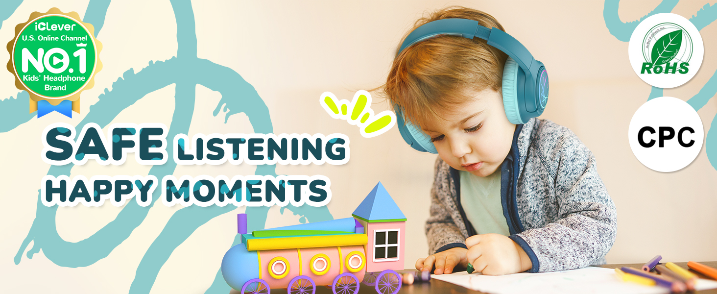 iClever Bluetooth навушники для дітей з LED-підсвіткою, обмеження гучності 74/85dBA, 43 години роботи, стерео звук, Type-C, AUX-кабель, Bluetooth 5.3, для планшетів/подорожей (Турквіс)