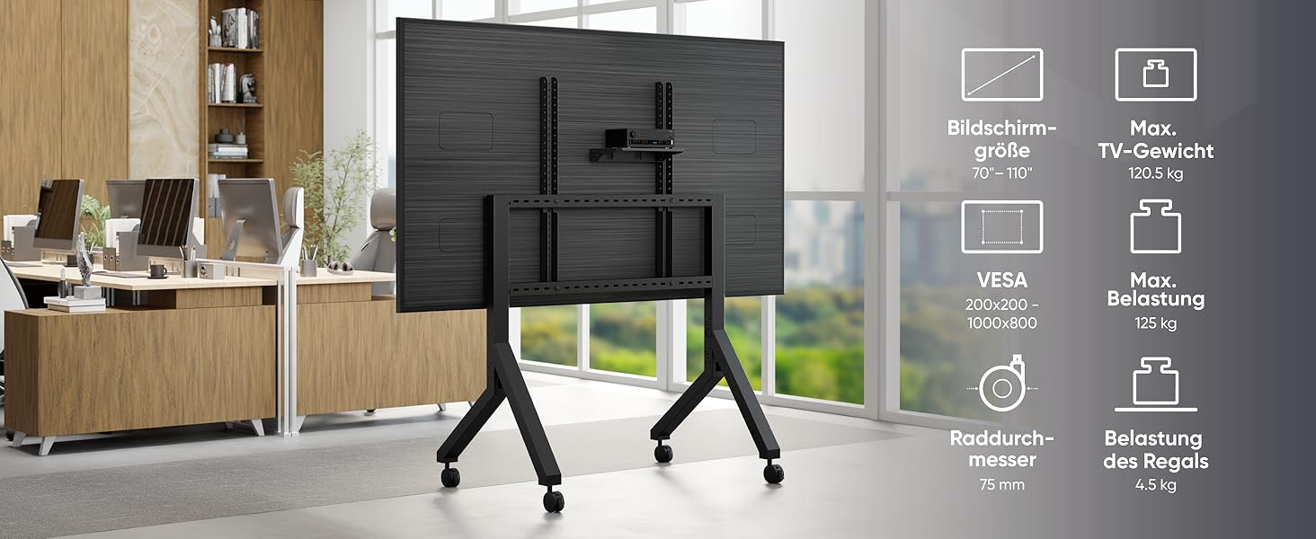 ONKRON Mobile TV Stand for 70-110 inch TVs - Height Adjustable Rolling TV Stand with Shelf, VESA 1000x800, Up to 120.5 lbs, Black