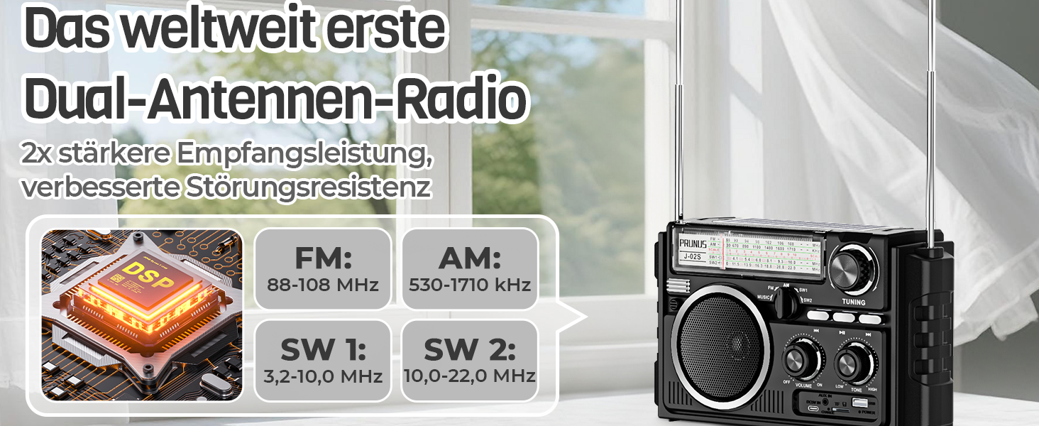Портативне радіо PRUNUS J-02 AM/FM/SW: сонячне радіо з акумулятором 1800mAh, Bluetooth 6.0, TF-карта, USB, 2 антени