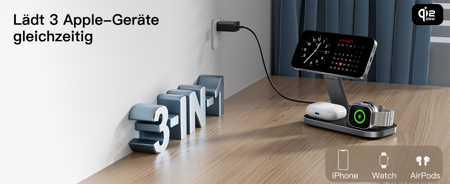 Бездротова зарядка 25W 3-в-1 з MagSafe, складана індуктивна магнітна зарядна станція для iPhone 17/Air/16/15/14/13/12, Apple Watch 10/9/8/7/6/SE/5/4/3 та AirPods Pro (з адаптером 35W), чорна