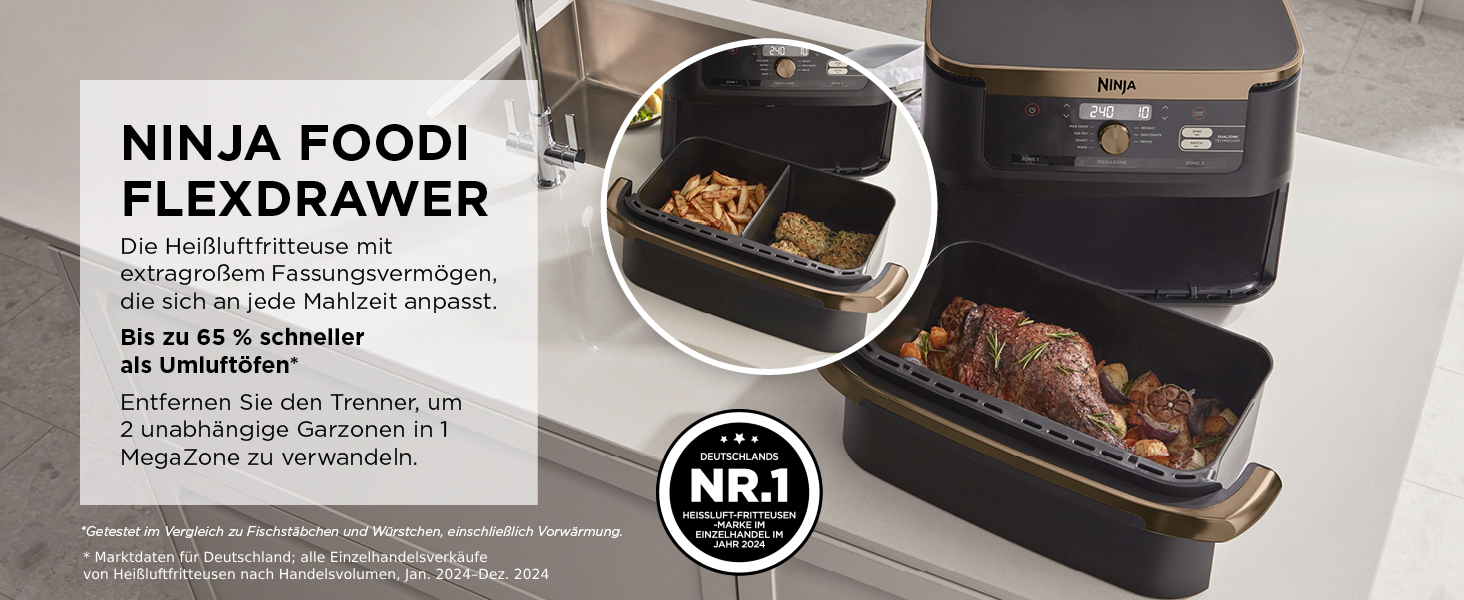 Ninja Foodi FlexDrawer Dual Zone Air Fryer - 7-in-1 with Removable Divider, Non-Stick Coating, Dishwasher Safe Basket, Black & Copper, AF500EUCP