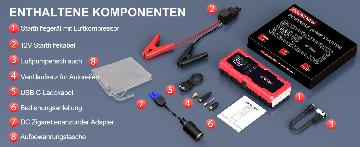 Powerbank з компресором та пусковим пристроєм Starthilfe 6000A, 12V, LED ліхтарик, для 8L бензину/10L дизеля