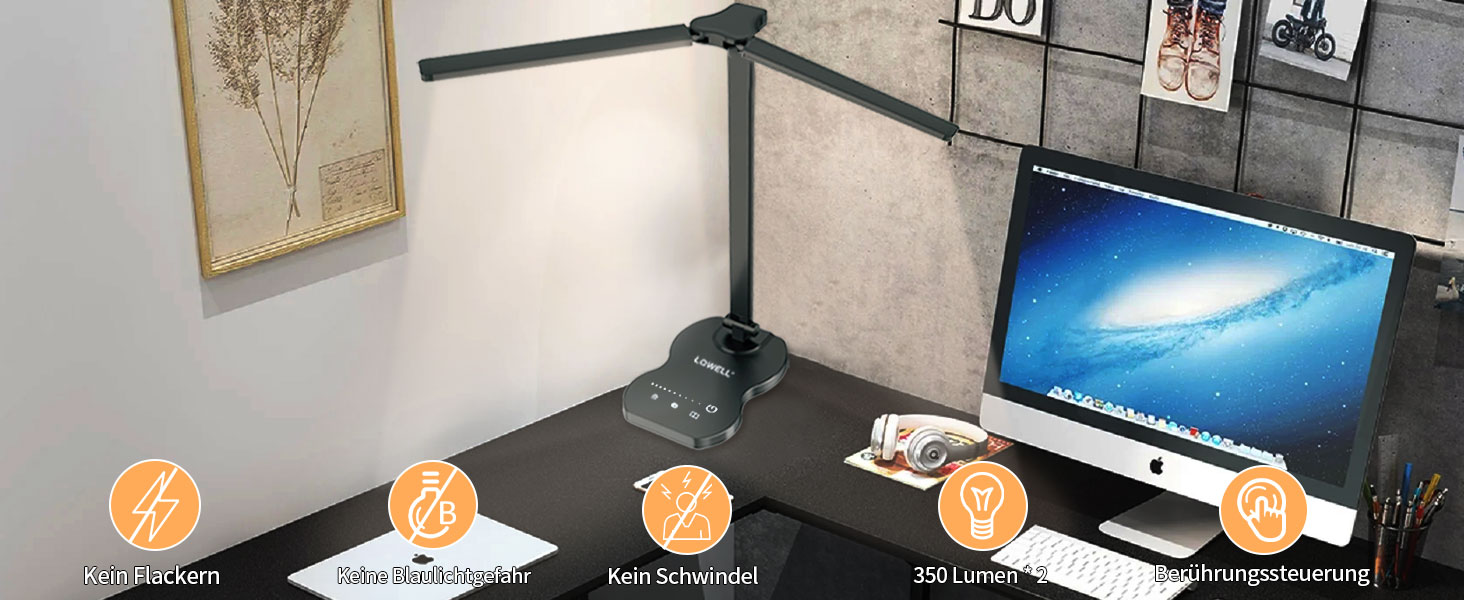 LED лампа настільна LQWELL® QM019, чорна: регулювання яскравості, 5 кольорів, 10 рівнів, USB-зарядка, сенсорне керування, пам'ять, для дітей, офісу