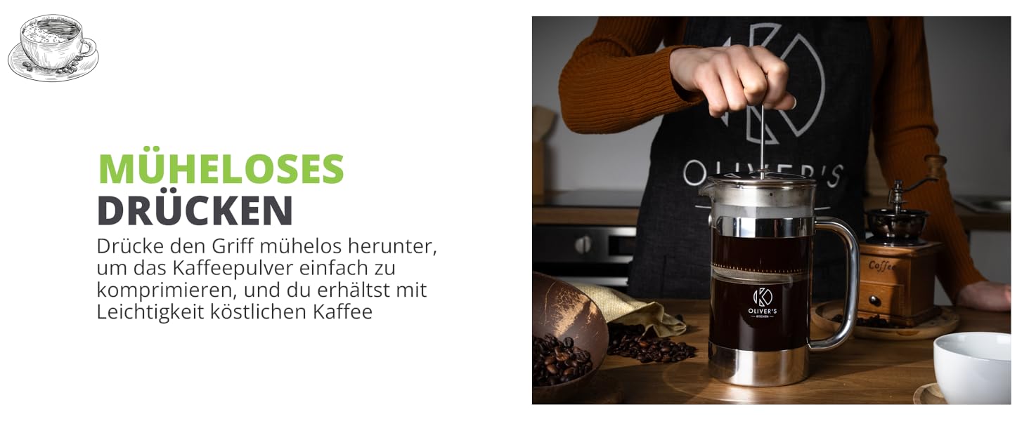 Френч-прес Oliver's Kitchen® 1 літр - скляний заварник для кави, срібний | Елегантний дизайн, для автентичного смаку