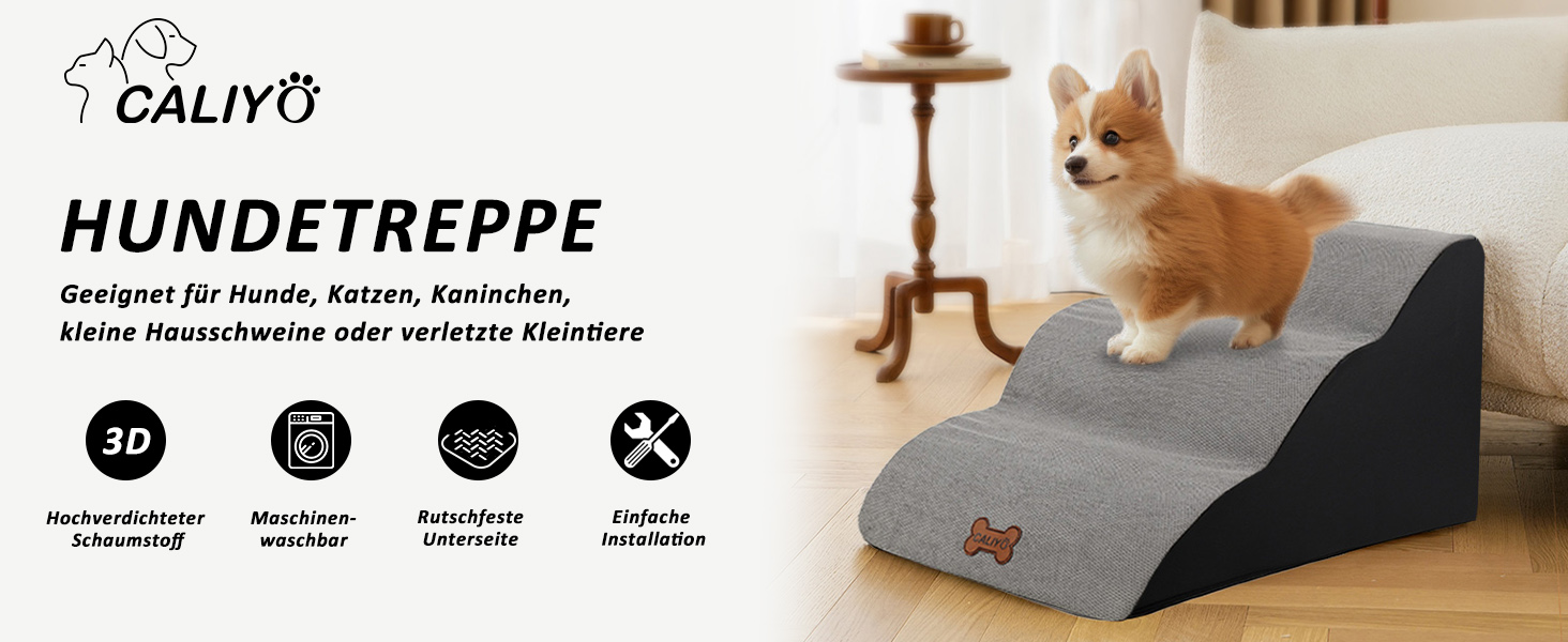 Сходинки для собак Caliyo 3 ступені, для маленьких собак та котів, 40 см, знімний чохол, антиковзаюча поверхня, для ліжка, дивану, авто (60×40×40см), коричневі