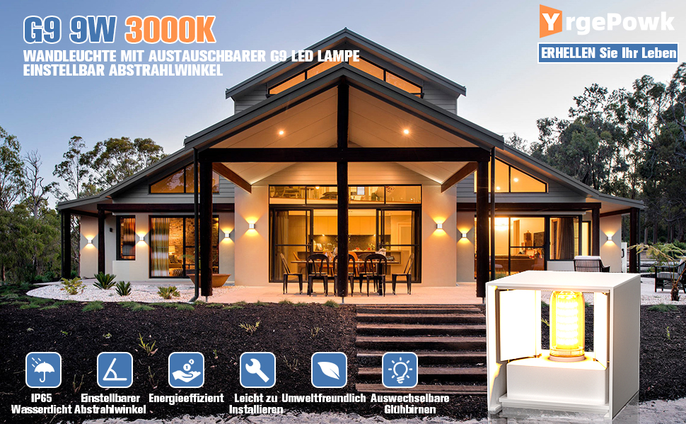 Настінний світильник YrgePowk 2 шт. з LED лампою G9, тепле світло 3000K, IP65, регульований кут освітлення, чорний