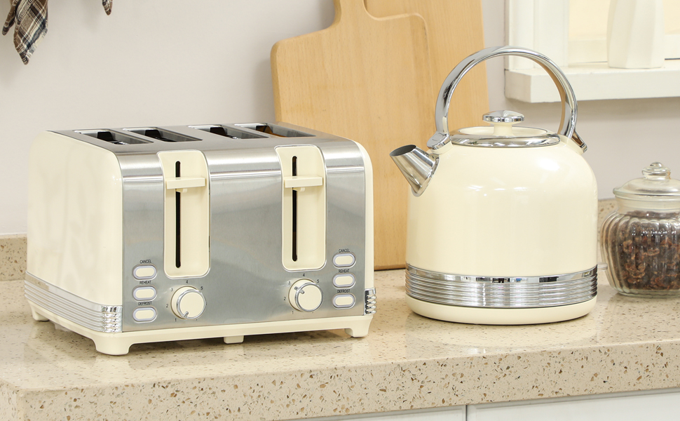 Набір HOMCOM: чайник та тостер 2200 Вт, нержавіюча сталь, 1,7 л, 4-х тостовий, 7 рівнів підсмажування, розморожування, підігріву, зйомний піддон для крихт