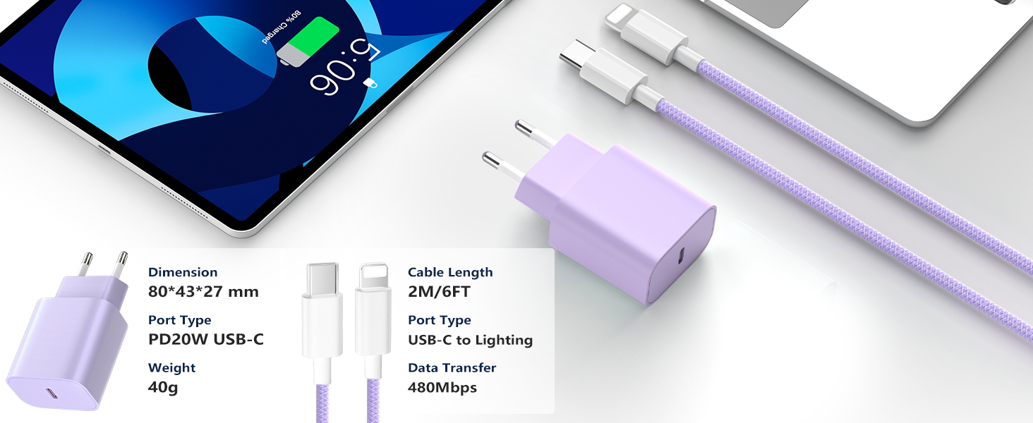 Зарядний пристрій 20W USB-C з кабелем Lightning для iPhone 14/13/12/11/X/SE (2 шт., фіолетовий+синій)