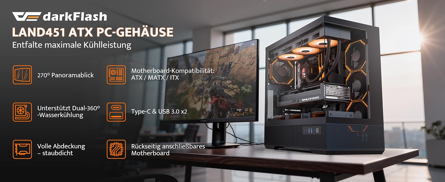 Ігровий корпус darkFlash LAND451 Midi Tower ATX, підтримка BTF-материнських плат, вертикальна установка відеокарти (до RTX 5090), Type-C, підтримка 2x360мм СРО, панорамний дизайн, чорний