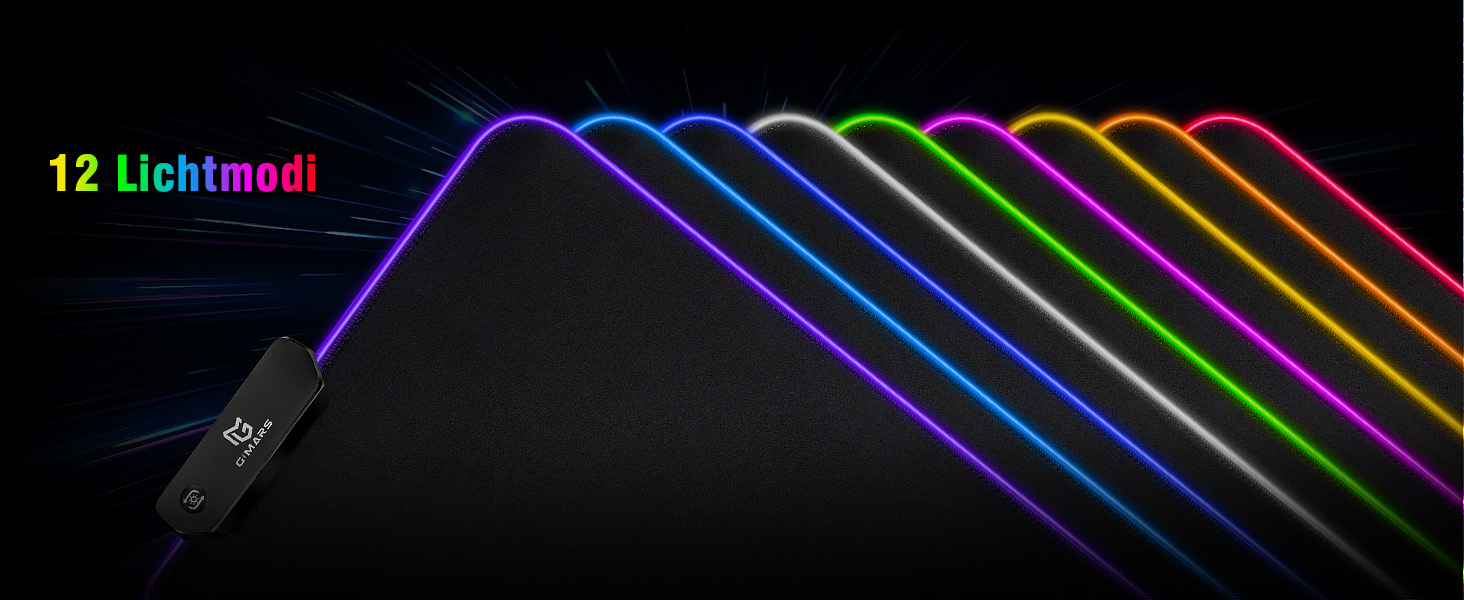 Килимок для миші гімнастичний Gimars RGB, XXL 800x300x5 мм, вологостійкий, з підсвічуванням 12 LED, чорний