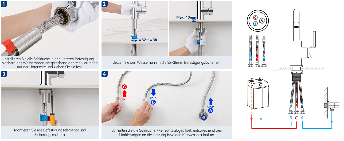 Кухонний змішувач Auralum для низького тиску, 360° обертання, 3 підключення, з міді з хромовим покриттям