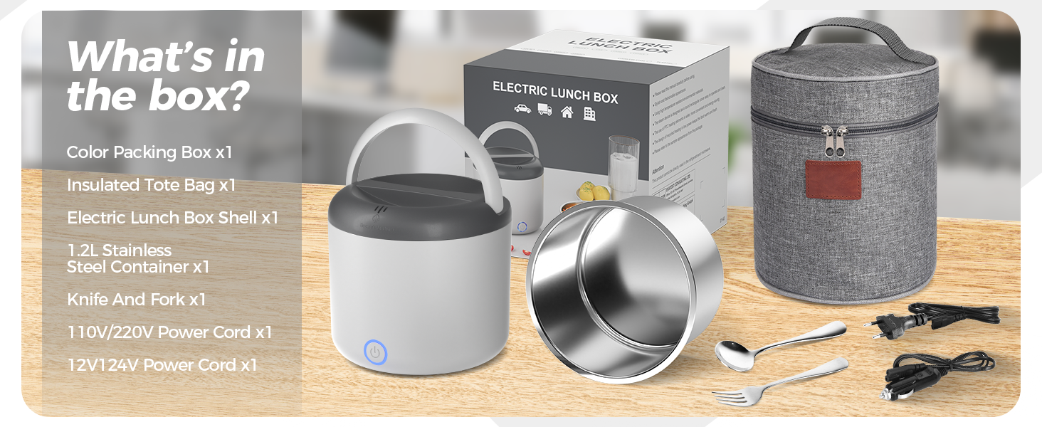 Електрична ланчбокс 80W для дорослих з термосумкою, нержавіюча сталь, виделка та ложка, 2 контейнери по 1.5л, 3-в-1, 12/24/110~230V, витокозахист, ланчбокс для авто, вантажівки, офісу (сірий, 1.2л, євро-штекер)