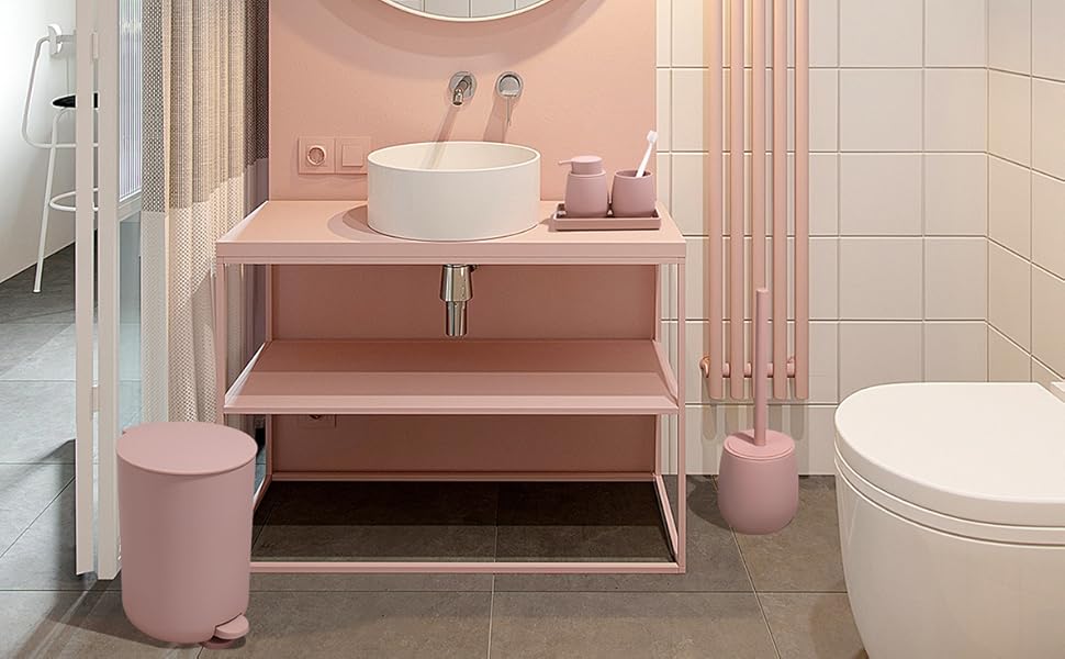 Набір для ванної кімнати AJEUNGAIN (5 предметів) сірий, сучасний органайзер, комплект сміттєвий контейнер, тримач для щітки, дозатор мила та стакан для зубної пасти, піднос (Рожевий)