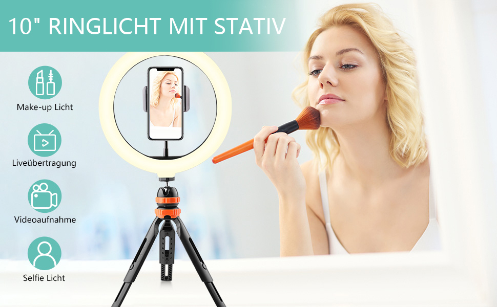 LED кільцева лампа з штативом для телефону 26 см (10 дюймів) - 3 режими світла, 11 рівнів яскравості, регульована, для селфі, макіяжу, стрімінгу