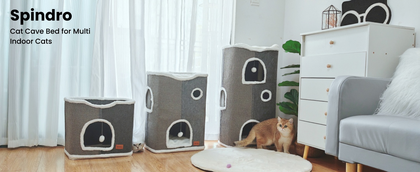 Spindro Котяча хатинка-ліжко велика, будиночок для котів для дому з м'якою подушкою Sherpa та підвішеною іграшкою, світло-сірий, 42x42x33 см, 4-рівнева, 42x32x84 см