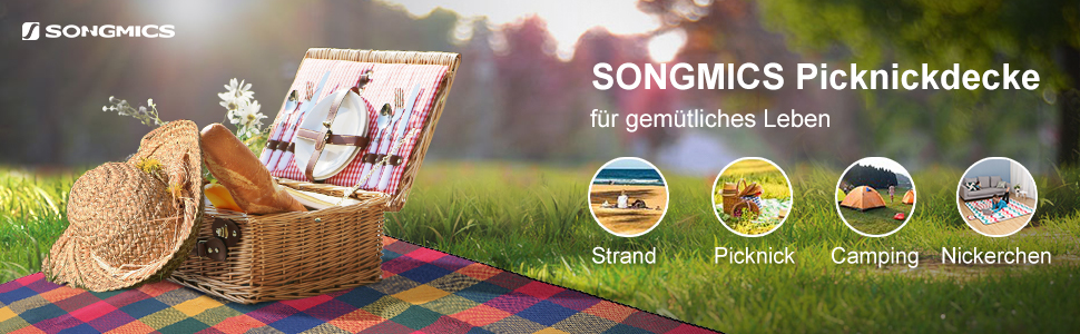 SONGMICS Плед для пікніка 195x150 см, вологостійкий, для парку, саду, пляжу, червоно-зелено-оранжевий, згинається, машинного прання, GCM50K