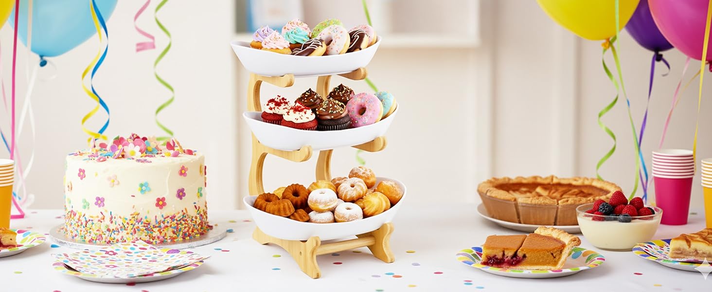 Трирівнева етажерка для фруктів та закусок з бамбуковим підставкою, преміум-пластик