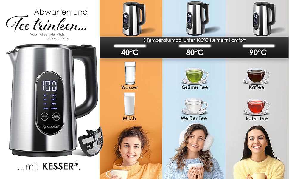 Електрочайник KESSER 1.7 л нерж. сталь, LED-дисплей, 2200 Вт, 4 режими температури, підтримка тепла, фільтр від накипу, BPA-Free, сріблястий