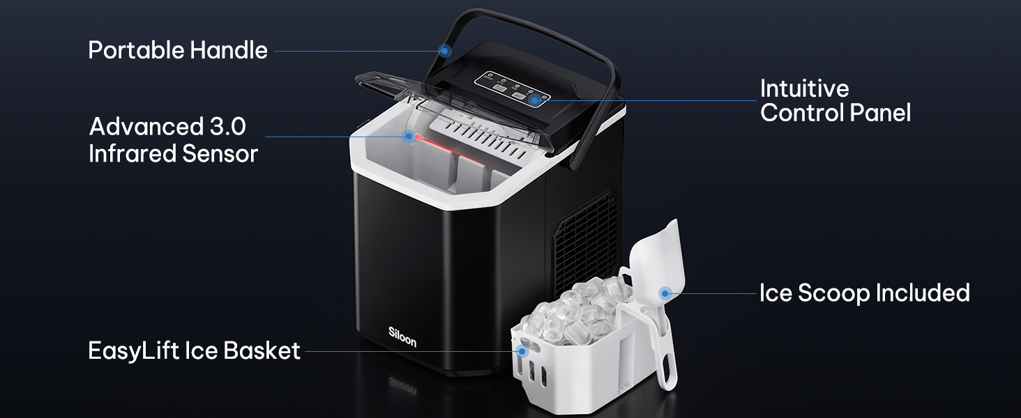 Машина для приготування льоду Silonn IM21 - портативна, самоочисна, 12 кг/день, 9 кубиків/6 хв, чорна