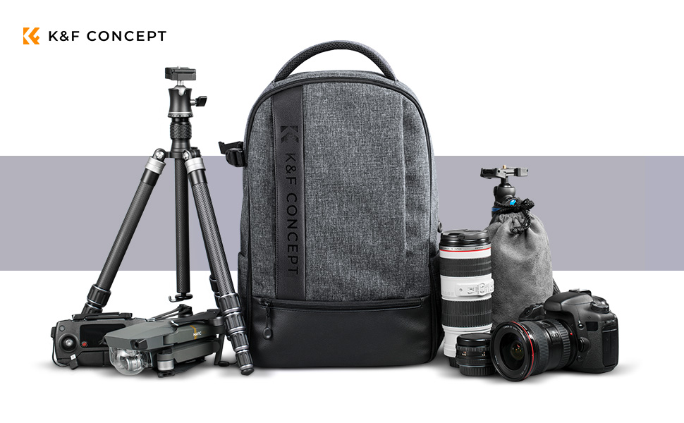Рюкзак для камери K&F Concept 18L сірий/чорний з відділенням для ноутбука 15.6 дюймів, водонепроникний, для DSLR/штатива/аксесуарів