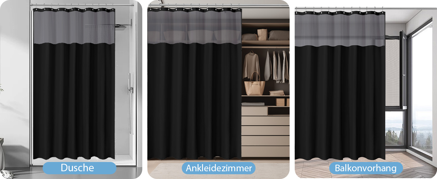 Штора для душу водонепроникна з льоном та віконцем, 183x183 см, чорна + 12 гачків з нержавіючої сталі