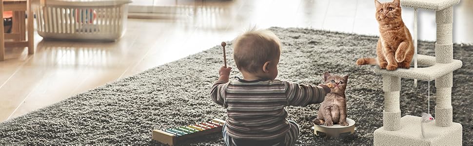 Котячий будиночок Vounot Klein: стабільний котячий будиночок з платформою, печерою та сизалевими стовпчиками, 88 см, бежевий