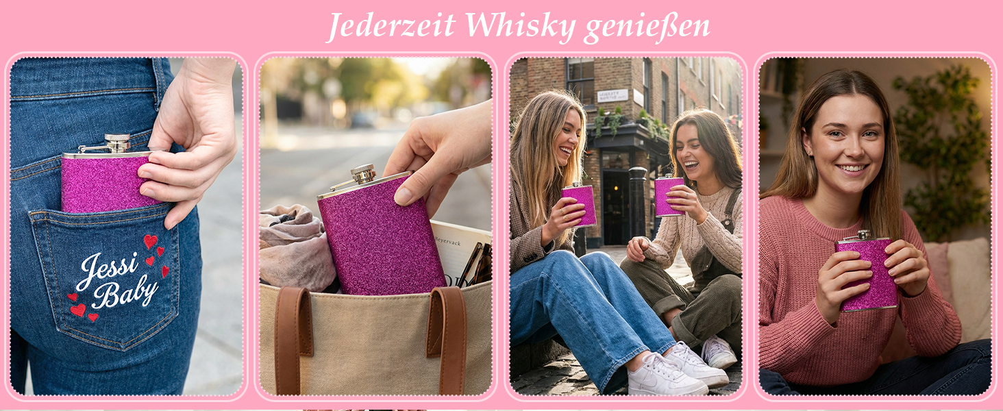 Персоналізований набір фляг 8oz з гравіюванням – фляга з нержавіючої сталі, 4 склянки, воронка та подарункова коробка для дружків, подарунок на весілля для чоловіків та жінок (Рожевий)